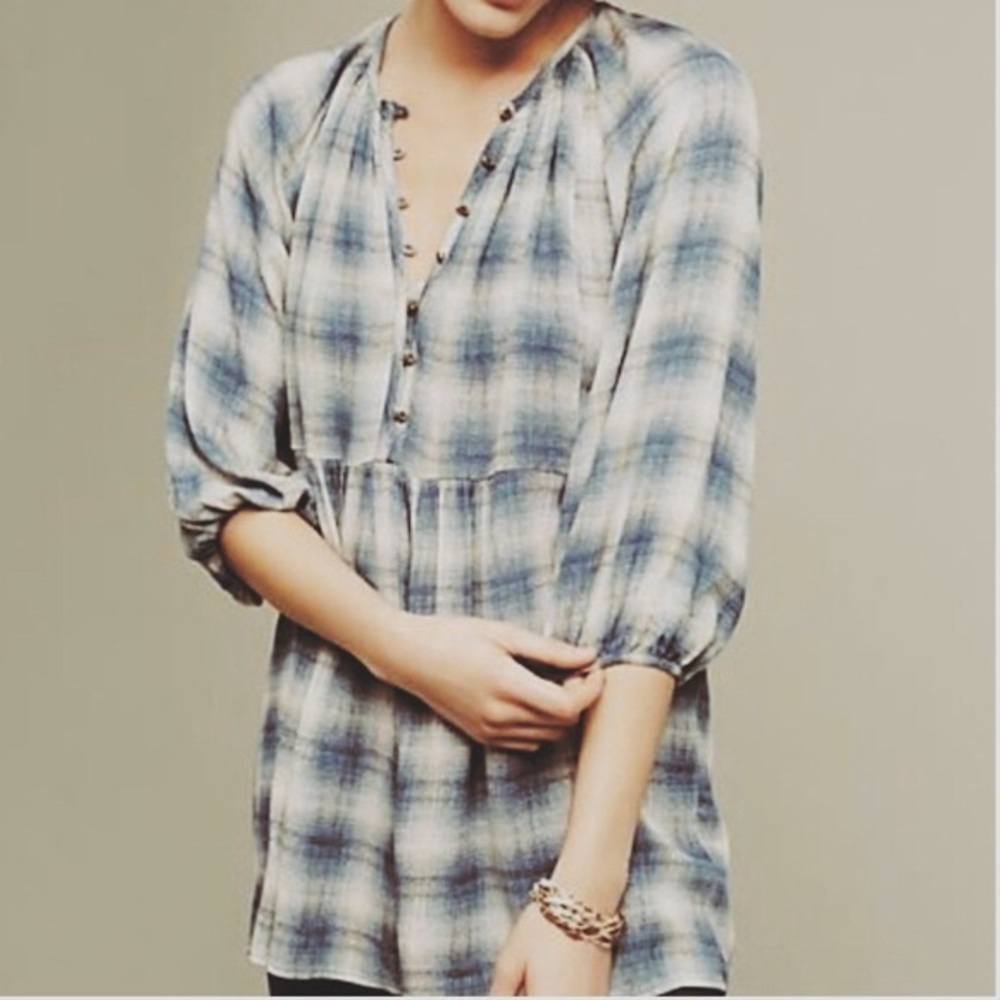 Anthropologie Maeve Calavon blue plaid peplum top